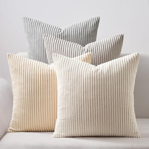 Image of Topfinel 4 Packs Neutral Decorative Throw Pillows Covers 12x12 Inch for Living Room Couch Bed Sofa, Rustic Farmhouse Boho Neutral Home Decor, Soft Plush Striped Corduroy Square Cushion Case 30x30 cm