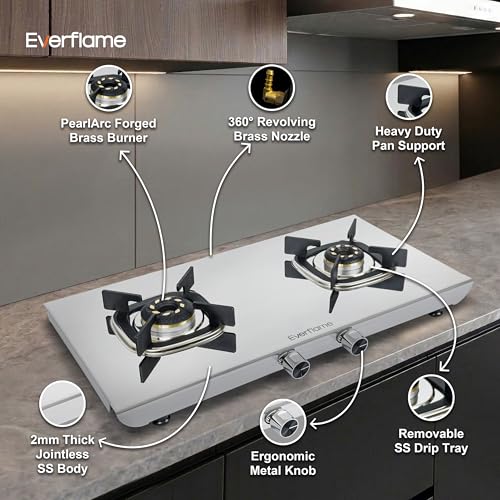 Image of Everflame Photon 2 Burner Gas Stove | Manual Ignition | 5G Brass Burners | ISI Certified | SS Cooktop | 5 Years Warranty on (Body & Burners) + 2 Year Comprehensive Warranty + Doorstep Service