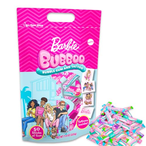 Barbie Bubble Gum and Temporary Tattoos Set - Bubboo Set with 50 Pieces of Bubblegum in 5 Flavors and 50 Temporary Tattoos for Girls Kids | Barbie Party Favors Pack