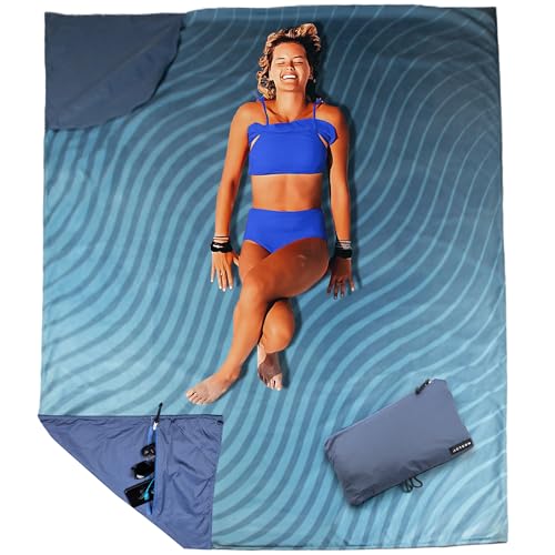 Acteon Sandproof Large Beach Blanket, XL Oversized Picnic Mat, Hidden Zip Pocket, Sand Pocket & Stainless Steel Stakes