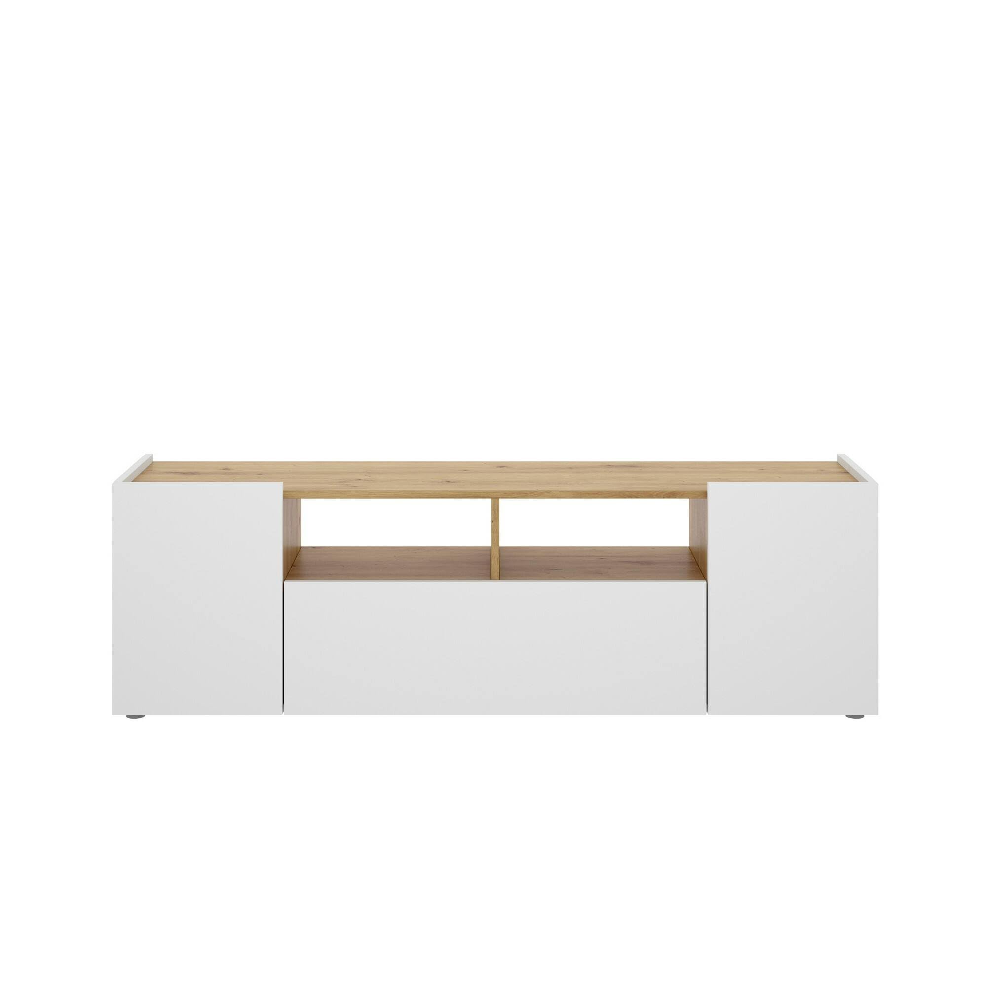 Dmora - Mobile porta TV Etna, Credenza bassa da soggiorno, Madia da salotto per televisione, 142x35h44 cm, Bianco e Rovere Nodi