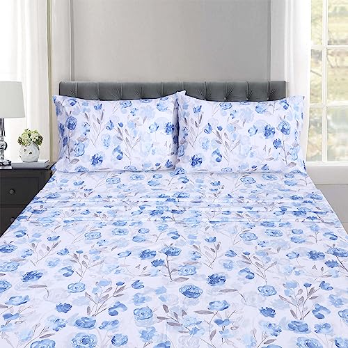 RUVANTI 100% Cotton Sheets Queen Size Set, 4 Pieces, Soft & Breathable Percale Weave Bedding, Deep Pocket 16", Hotel Standard, Crisp Cool Feeling, Durable, Perfect Floral Bed Sheet, Monotones