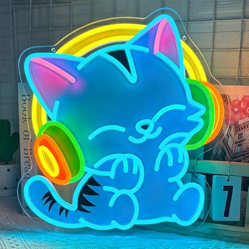 Headphone Cat Neon Sign 13.4x14 Inch UV Printed Musical Blue LED Cat Neon Light for Wall Decor Dimmable USB Powered Cute Cat Light Up Sign for Bedroom Pet Shop Party Bar Teen Game Room Gift for Cat Lovers