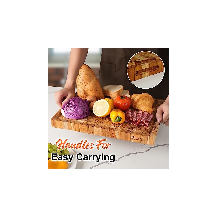 Large-Teak-Wood-Cutting-Board-End-Grain-Butcher-Block-Cutting-Board-For-Kitchen-Big-Wooden-Kitchen-Carving-Chopping-Boards-Juice-Groove-Reversible-Hand-Grips-Size-158x11x137-inch Chef Studio Large Teak Wood Cutting Board, End Grain Butcher Block Cutting Board For Kitchen, Big Wooden Kitchen Carving Chopping Boards, Juice Groove, Reversible, Hand Grips, Size 15.8x11x1.37 inch