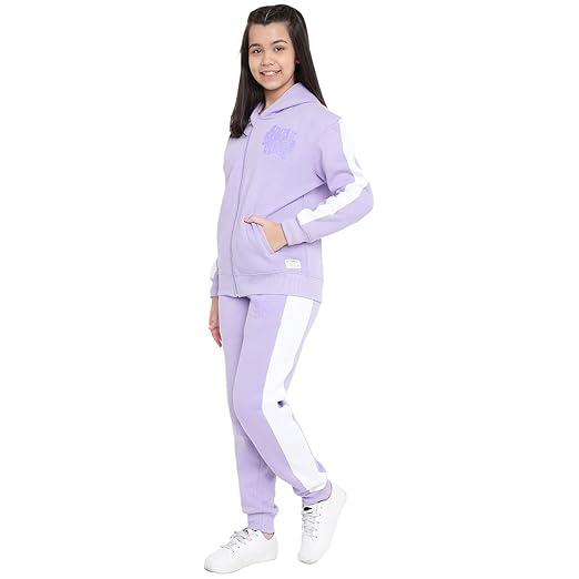 Lil Tomatoes Girls Drawstring Regular Fit Printed Hooded Cotton Fleece Track Suit PURPLE