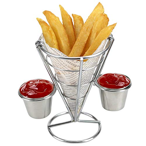 Quaanti French Fries Holder/Basket Stand with Double Sauce Dishes Serving Tray, Stainless Steel Party Platter for Cone Fries Popcorn Vegetables Fruit (Silver)