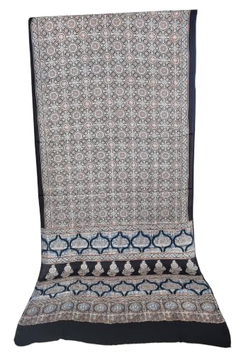 Image of Ethnics of Kutch Womenss Ajrakh Modal Silk Natural Dye Hand Block Print Saree with Blouse Piece - 5.5 Mtr Length