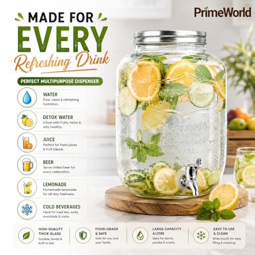 Image of PrimeWorld 1Pc 4 LTR Glass Water Beverage Dispenser - Air Tight Lid Glass Pitcher for Detox Water - Mason Jar - Counter Table Top Juice Water Beer Dispenser for Home & Kitchen Restaurant Party