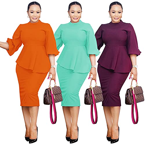 Ekaliy Women's Ruffle Sleeve Vintage Bodycon Peplum Business Formal Work Pencil Dress Xxl Orange #TOP2