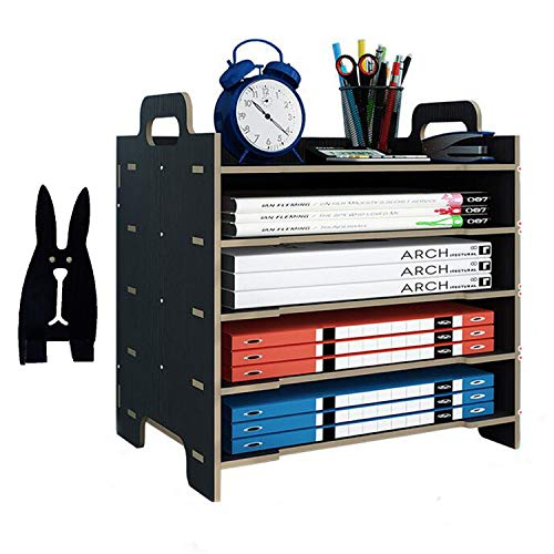 Marbrasse 5 Trays Wooden Desk File Organizer, Document Mail Paper Organizer Letter Tray Storage Shelf Sorter for Office Home Supplies (Black)