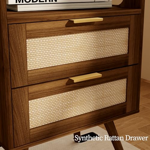 Image of JOONEE Rattan Nightstand,Farmhouse Bedside Table with 2 Storage Drawer and Open Wood Shelf, for Bedroom and Small Spaces,Night Stand with Solid Wood Legs (Walnut Brown)