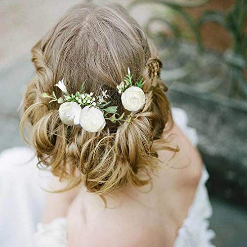 Fangsen Silver Wedding White Rose Flower Hair Comb Bridal Hairpin Floral Hair Accessories for Brides and Bridesmaids Set of 2 (#102)