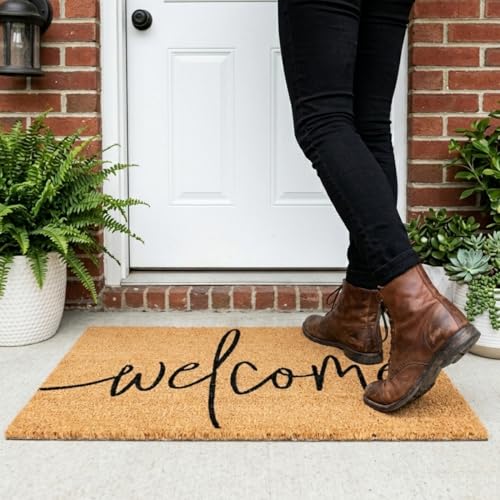 Image of ATMAH Welcome Cursive Coir Door Mat 45 x 75 cm | Heavy Duty Entrance Mat | Anti Slip PVC Backing | Indoor & Covered Outdoor Doormat