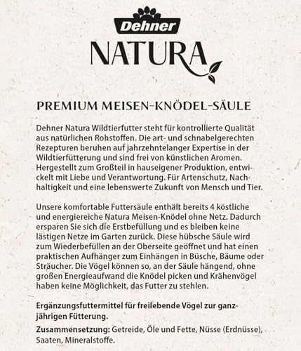 Dehner Natura Premium Wildvogel Futtersäule, Meisenknödelsäule gefüllt, inkl. 4 Meisenknödel, ganzjähriges Wildvogelfutter fettreich / energiereich, hochwertiges Vogelfutter für Wildvögel,ca. Ø 7 cm