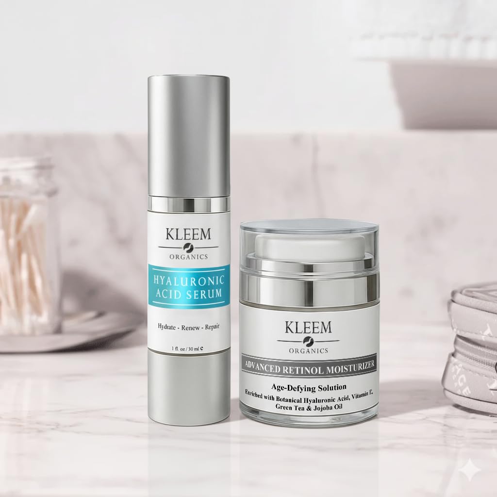 Kleem Organics Duo Idratazione Anti-Età – Crema al Retinolo & Siero all’Acido Ialuronico | Rassoda, Leviga & Idrata in Profondità | Riduce Rughe, Migliora la Texture & Rinnova la Luminosità
