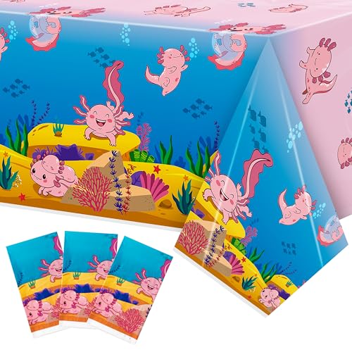 Image of Axolotl Plastic Table Cover - 3 Packs(54x108 Inch) Pink Axolotl Disposable Rectangle Plastic Tablecloth Birthday Theme Party Decoration Decor Supplies Table Cloth Giant Coloring Baby Shower