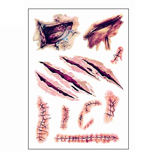2 grand feuilles Tatouage Temporaire imperméable à l'eau Halloween Fausse Plaie Zombie Scars Faux Maquillage Scab, Horreur Realiste Tattoo Wound Removable Costume Spécial (2 feuilles grand)