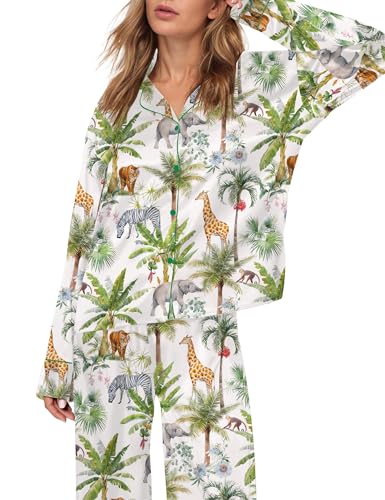 Image of SHESHOW Satin Pajamas Set for Women Set Long Sleeve Button Down Pjs Sets 2 Piece Loungewear Animal Sleepwear XS-XXL