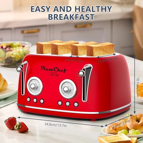 Image of Plumchef 4 Slice Wide Slot Retro Style Toaster, Dual Control Toaster wtih Timer, 6 Browning Settings, Bagel /Defrost Functions, Removable Crumb Tray, Stainless Steel Housing,Black