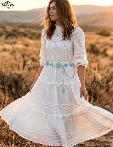 Image of Turquoise Chain Belt for Women, Western Cowgirl Concho Belt | Turquoise Concho Accents with Silver Chains for Western, Cowgirl, Rodeo, Festival and Denim Looks