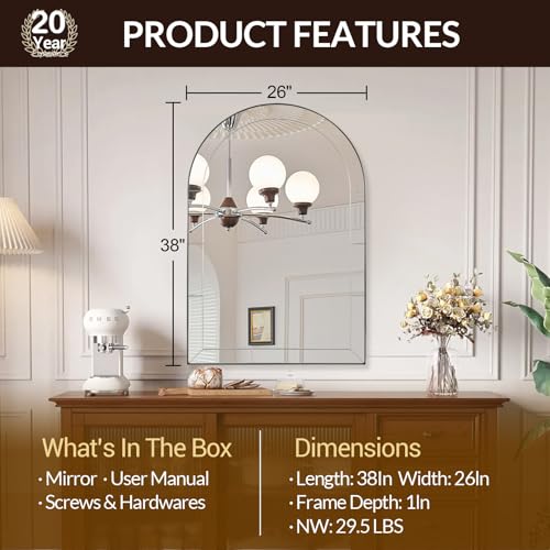 Image of MOON MIRROR Arched Mirror for Bathroom, Bathroom Mirrors for Over Sink, 26x38 inch Brushed Nickel Non-Rusting Vanity Mirror in Delicate Tessellated Glass Design