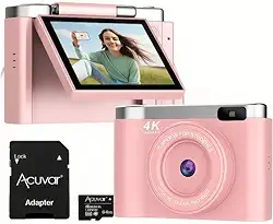 Acuvar Câmera Digital 4K Para Fotografia Com Foco Automático, 48 Mp Vlogs E Youtube, Cartão Sd De 64 Gb, Tela Flip 2,8', Compacta Viagem Zoom 8X, Flash, Antivibração, Bateria Recarregável (Rosa)