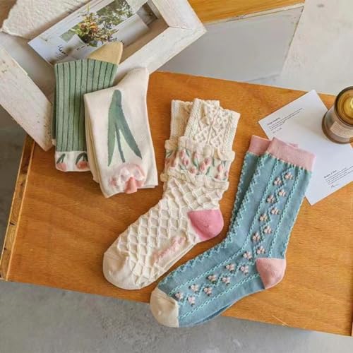 4 Pairs tulip Cute Socks, Women's Lace Ruffles Ankle Casual Sock, Cottagecore Breathable Mid Tube Socks, Floral Crew Socks2