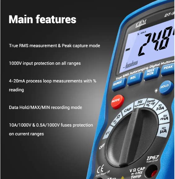 Close-up of DT-9919 display showing main features
