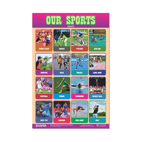 Image of ESCAPER Our Sports Educational Charts, (11.5 x 17.5 inches), 300 GSM Paper, Laminated Self Adhesive Back, Kids Study Material, Learning Posters, Perfect For Home Schooling, Nursery Students