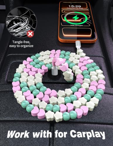 Image of USB C to USB C Cable 3FT,60W Fast Charging Beaded Charger Cord for iPhone 17 16 Pro Max 15 /iPad Pro 11 Air for Samsung S26 S25 S24 A17 /Android Phone Charge Cord Cute Girl Women,Mint+Pink Heart Beaded