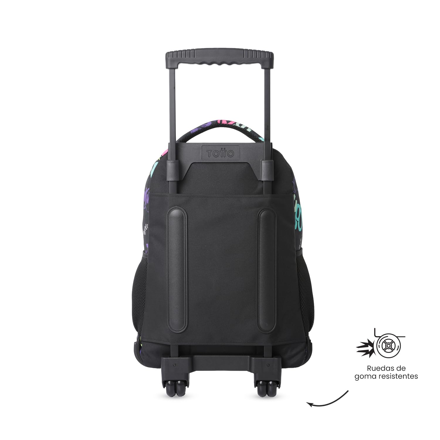 TOTTO - Mochila Escolar con Ruedas, Modelo SKL L, Capacidad 25 L, Mochila Grande, Bolsillo Botella, Bomper Protector, Asa de Mano, Manija Telescópica, Resistente y Cómoda, Estampado Letry