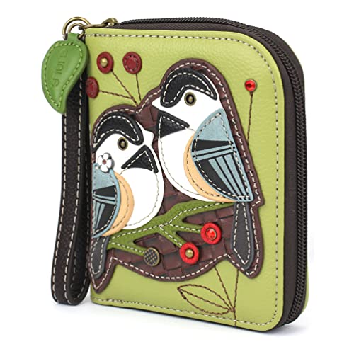 Image of CHALA Zip Around Wallet, Wristlet, 8 Credit Card Slots, Sturdy Pu Leather - Chickadee - Green