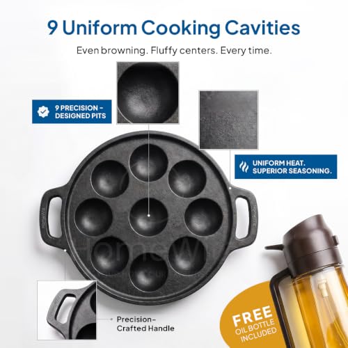 Image of HomeWiz Cast Iron Appe Pan 9 Cavity 22 cm | Free Oil Dispenser 500ml | Pre-Seasoned Appe Maker for Appam, Paniyaram & Appe | Non Stick Appam Pan | Naturally Non-Stick | Works On Induction & Gas