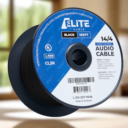 Elite 14/4 Speaker Wire, 14AWG/4-Conductor, UL Listed, CMR/CL3R, (Riser/in-Wall & Outdoor/In-Ground (Direct Burial)- 100% Oxygen Free Pure Bare Copper (OFC), 100ft Bulk Cable (105 Strands) Black