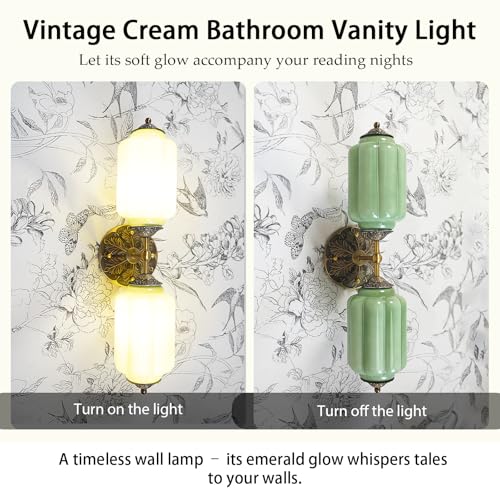 Image of Vintage Milk Glass Bathroom Vanity Light - 2-Light Wall Sconce with Brass Finish Base & Green Glass Shade - Wall Sconce Lighting for Mirror, Kitchen, Living Room, Gallery (Bulbs Included) (Green)