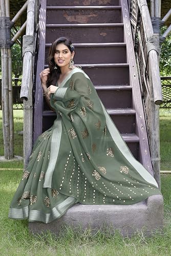 Image of MIRCHI FASHION Women Saree Cotton Blend 2-Tone Foil Print | Lightweight Comfortable Office Wear Sari with Blouse Piece