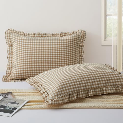 KKJIAF 2 Pcs Plaid Ruffle Pillow Case King Size Taupe Plaid