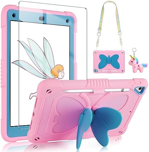 for iPad 6th/5th Generation Case with Screen Protector,iPad 9.7 Case 2018 2017 Butterfly Stand Strap Dolls Pencil Holder Kids Girls Hard Cover for iPad Pro/iPad Air 2th,iPad 6th/5th 9.7''-Pink Blue