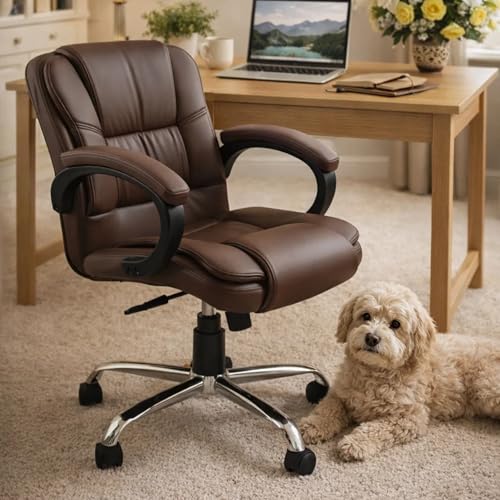 Image of Elasto Ergonomic Medium Back Office Chair | Computer Desk Chair with Lumbar Support | Height Adjustable, 360 Swivel, Padded Armrests & Seat | Heavy Duty Chrome Base for Home & Office (Brown)