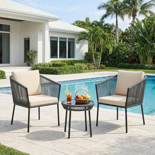 Image of OUTLIVING Braid & Rope 2 Seater Garden Patio Seating Chair and Table Set Outdoor Balcony Garden Coffee Table Set Furniture with 1 Table and 2 Chairs Set with Cushion (Grey)