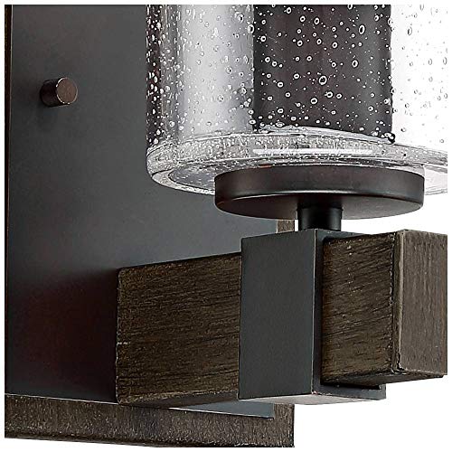Image of Franklin Iron Works Poetry Industrial Farmhouse Rustic Wall Light Sconce Bronze Wood Grain Hardwired 4 3 /4 inch Fixture Clear Seedy Glass Shade for Cottage Core Bedroom Bedside Bathroom Vanity