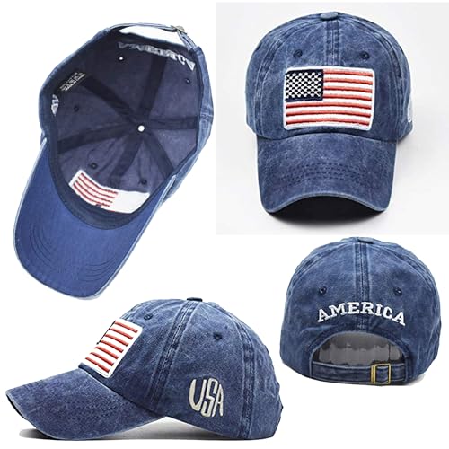 Image of IZUS Women USA-Flag Baseball-Cap American Patriotic Baseball Hats Men's Distressed-Cotton Dad-Hat for Adult Teens