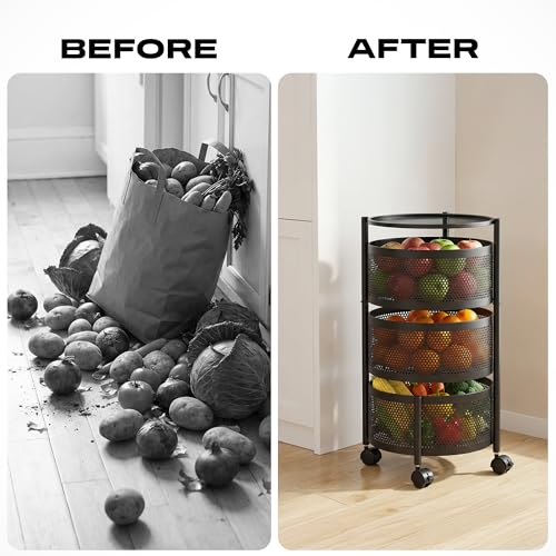 Image of Metal Multi-Purpose Trolley Kitchen Storage Organizer Rack Stand with 360 Wheels | 3 Layer Round Design | Kitchen Accessories Items for Fruit Vegetable Onion Rack for Kitchen (Black)