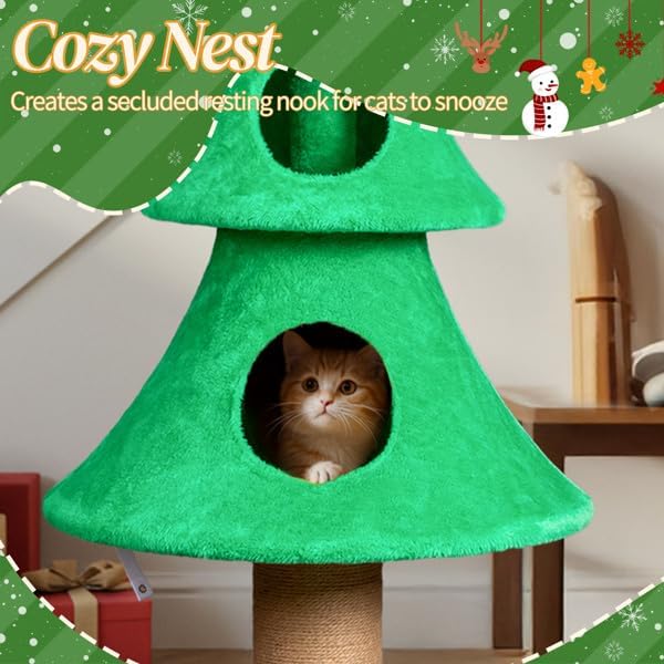 59in Large Tall Christmas Tree Cat Tower, Multi-Level Cat Condo with Scratching Post, Soft Fleece Covered Cat Tree with Teaser Toy and Sturdy Base for Indoor Cats, Green