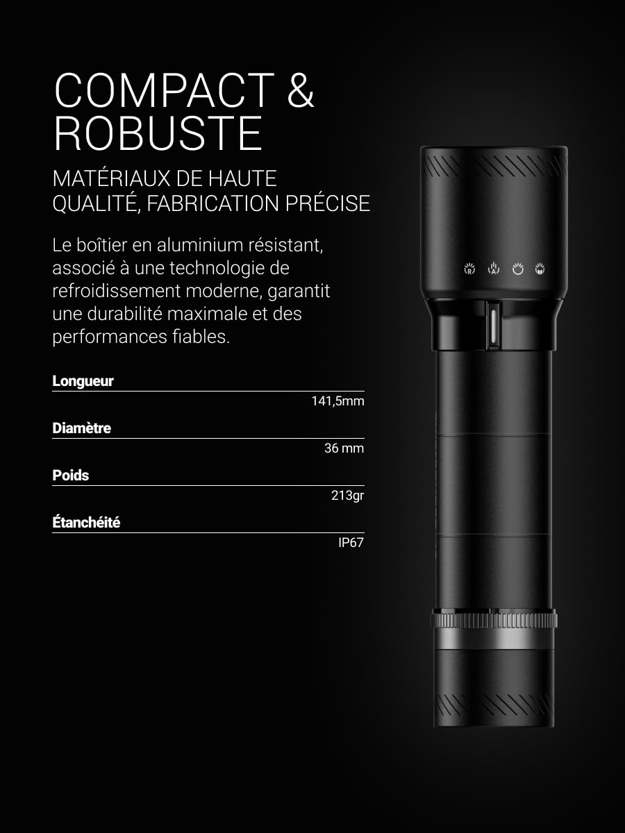 Zweibrüder ZB6T Lampe Torche LED 3000 lm, Auto Focus, USB-C | Lampe Torche Puissante, MOT Multiple Optic Technology, AFT, Batterie Intégrée, Étanche IP67, pour Outdoor et Randonnée