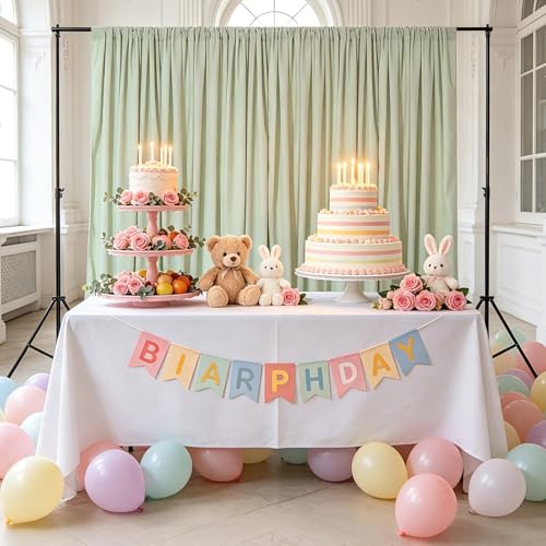Image of Pea Green Backdrop Curtains 20x10ft: Outdoor Polyester Photo Backdrop Drapes - 4 Panels 5x10ft for Rustic Birthday Party Background Decoration