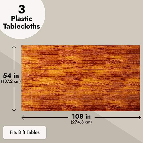 Image of BLUE PANDA 3 Pack Wood Grain Tablecloth for Rectangle Tables, Brown Wooden Plastic Table Cover, 54x108 in Wood Tablecloth