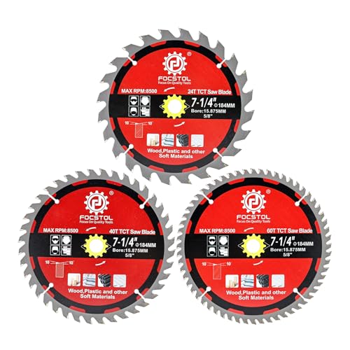 FOCSTOL Lame de Scie Circulaire à Bois 184mm x 15,875mm - 3 Pièces Disque Coupe Bois 24+40+60 Dents pour Couper Contreplaqué, Panneaux Particules, Plastiques et Autres Matériaux Souples