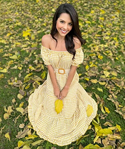 Btfbm Women Casual Short Sleeve Plaid Maxi Dresses Off Shoulder Vintage Dress Square Neck Gingham Beach Long Summer Dress (Medium, Plaid Yellow) #TOP3