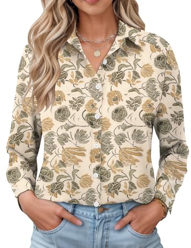 LOMON Business Casual Autumn Tops Boyfriend Style Blouses Oversized Tshirts for Women Apricot Green Flowers XXL